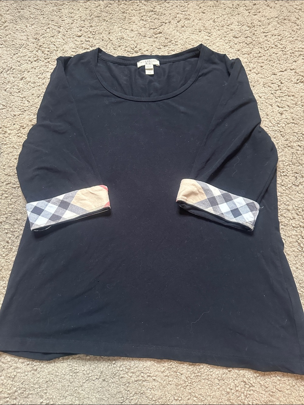 BURBERRY BRIT Black Scoop Neckline Nova Check Cuffs 3/4 Sleeved